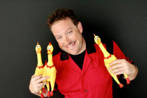 Greg Frisbee with his signature Rubber chickens